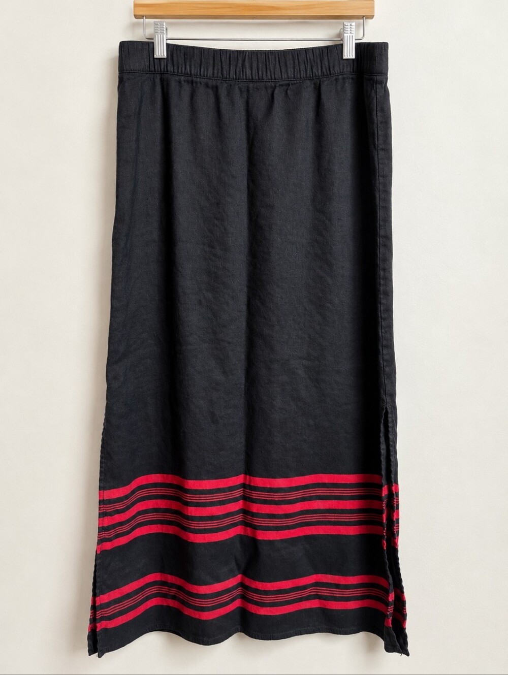 J. Jill Linen Rayon Maxi Skirt Black Red Stripe Size S